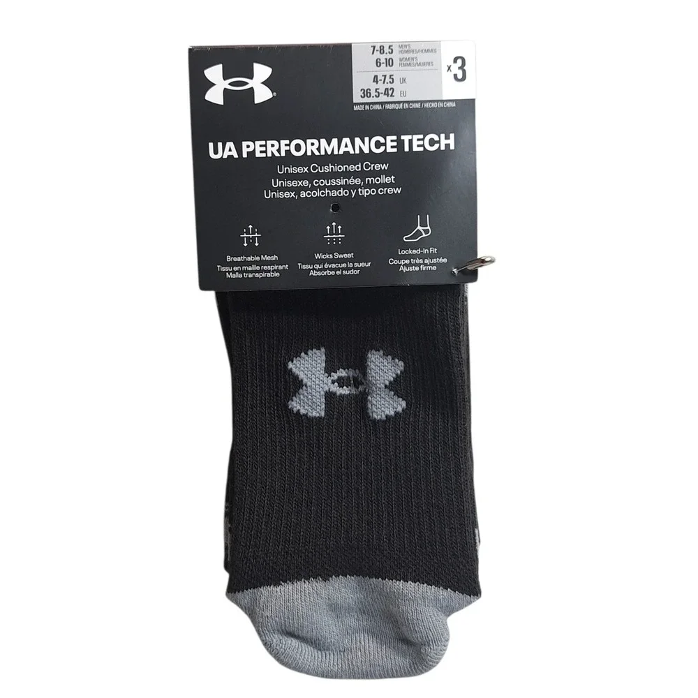Under Armour 3 Pairs Unisex Cushioned Crew Socks Black/Gray M 7-8.5‎ W 6-10